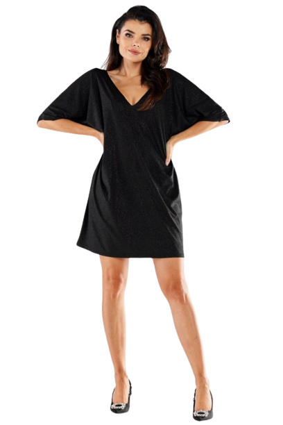Sukienka lużna mini brokatowa dekolt V krótki rękaw czarna